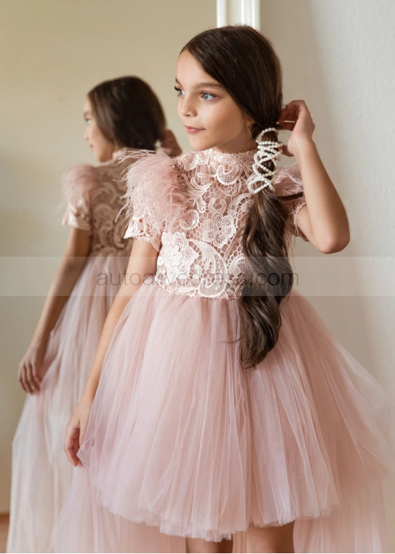 Short Sleeves Lace Tulle High Low Flower Girl Dress